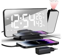 TAKRINK Reveil Projecteur Plafond Radio-Réveil - 180 Projection FM 2 Alarmes Snooze 4 Niveaux de Luminosité 12H24H Écran Miroir Charge USB Réveil Numérique LED Cadeaux de Noël pour Enfants Parents