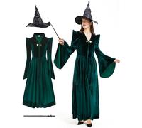 Takuvan Costume de sorcière de professeur pour femme - Robe en velours vert foncé - Grande taille - Costume pour Halloween et cosplay
