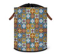 Talavera Grand panier à linge ethnique pliable en céramique avec couvercle à cordon de serrage pour chambre à coucher, salle de bain