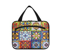 Talavera Mexican Ceramic Tile Ethnic Folk Ornament Italian Pottery 1 PC Hanging Travel Wash Bag with Handle Portable Makeup Organizer Brush Storage Case Portable Travel Cosmetic with Hook L
