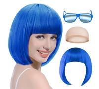 TaleMoon Perruque Bleue Femme,Perruque Courte avec Frange,Perruque Carré Bleu avec Lunettes et Bonnets,28cm Bob Perruque Le Carnaval/Mardi Gras & Fête à thème