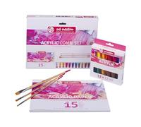 Talens Art Creation Papier Combiset Acrylique, 12 x 12 ml couleurs, 15 feuilles A4, 3 pinceaux, idéal pour les débutants, set de peinture acrylique polyvalent