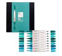 Talens | Pantone Marqueurs Set de 9 Blue Green | Stylo à Deux Pointes | Pointes Pinceau et Biseau | Encre Pigmentées à Base d'Eau en 108 Couleurs Pantone