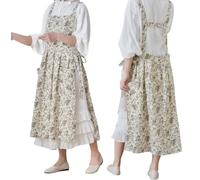 TALIBSA Pinafore Robe tablier japonaise en coton et lin avec poches et attaches à la taille, motif floral blanc