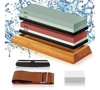 talifoca Pierre à Aiguiser, Aiguiseur Couteaux 400/1000 et 3000/8000 Double Face couteaux affutage pierre affutage avec Pierre à Aplatir, Base en Antidérapante, Guide d'angle et Lanière en Cuir