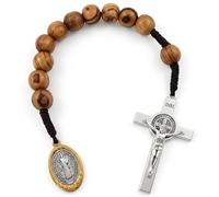TALISMAN4U Chapelet de poche pour médaille de Saint Benoît 10 mm en bois d'olivier style ouvert Chapelet de la Terre Sainte Tenner Fait à la main Cadeau catholique Pochette en lin, One Size, Bois, Pas