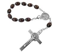 TALISMAN4U Médaille de Saint Benoît Catholique d'une décennie pour rétroviseur de voiture, perles de prière en bois marron foncé, chapelet sacré Saint Benoît Crucifix Cadeau religieux pour homme et
