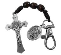 TALISMAN4U Porte-clés chapelet catholique pour voiture, croix de saint Benoît, Saint Michel, médaille ange gardien, chapelet de poche, porte-clés religieux, accessoire religieux, perles en bois,