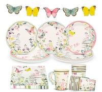 Talking Tables Décorations de fête de thé féerique pour 16 personnes, banderole papillon, assiettes, serviettes, tasses, joli ensemble d'anniversaire pour enfants, fête des mères, fête prénatale