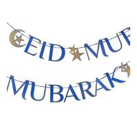 Talking Tables Guirlande Papier Eid Mubarak, Décorations Fête Eid Bleu & Or, Fanions Réutilisables Sans Plastique, Bannière Croissant de Lune, 3 m