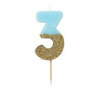 Talking Tables Originales Bougie Chiffre 3 | Topper Gâteau Anniversaire | Paillettes Or et Bleu, BDAY-CANDLE-BLU-3, BLUE, Height 8cm, 3"