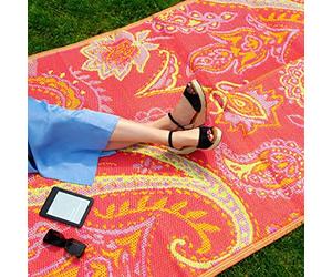 Talking Tables Tapis d'extérieur imperméable tissé Rose et Jaune 180 x 120 cm, Tapis en Plastique léger avec Motif Cachemire, pour Jardin, Patio, terrasse, Salle de Bain, Pique-Nique Boho-Rug-Pais