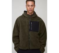 Tall Oversized Borg Zip Through Hooded Jacket homme - kaki - 2XL, kaki