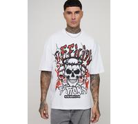 Tall Oversized Extended Neck Graffiti Bronx Skulls Print T-Shirt homme - blanc - L, blanc