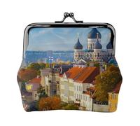 Tallinn Estonie City Print Double Fermoir Cadre Métal Cuir Kiss Lock Change Pouch Portefeuille pour femme avec clés, petit sac à main, Noir , Taille unique