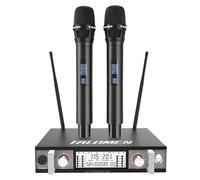 talomen Micro sans Fil UHF, Set de 2 Microphones à Main Dynamiques en Métal, Auto Scan, Portée 120 m, Récepteur Double Canal, Idéal pour Chant, Karaoke, Fête, DJ, Église - K120 Noir