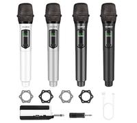 talomen Microphone sans Fil Professionnel, système de Microphones Quadruple 2,4 GHz, Micro karaoké Dynamique Rechargeable avec récepteur, portée 160ft, pour Chant, fête, K604 Blanc Argent Gris Noir