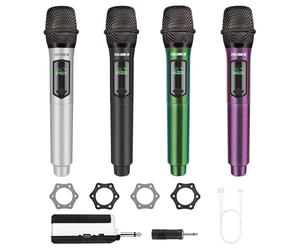 talomen Microphone sans Fil Professionnel, système de Microphones Quadruple 2,4 GHz, Micro karaoké Dynamique Rechargeable avec récepteur, portée 160ft, pour Chant, fête, K604 Argent Noir Vert Pourpre