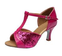Talon Femme Sexy Chaussures de Danse Latin Fille à Talon Milieu - Semelle Souple pour Débutantes - Sandales de Spectacle et d'Entraînement A-Rose Vif, 37