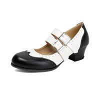 Talons Habillés Mary Jane Élégants Deux Tons Brogue Talon Bloc Bout Rond pour Soirée Bureau PU,Black White,44 EU
