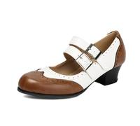 Talons Habillés Mary Jane Élégants Deux Tons Brogue Talon Bloc Bout Rond pour Soirée Bureau PU,Brown White,44 EU