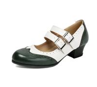 Talons Habillés Mary Jane Élégants Deux Tons Brogue Talon Bloc Bout Rond pour Soirée Bureau PU,Green White,44 EU