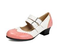 Talons Habillés Mary Jane Élégants Deux Tons Brogue Talon Bloc Bout Rond pour Soirée Bureau PU,Pink White,44 EU