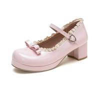 Talons Habillés Style Doux Mary Jane Cuir Verni Noeud Dentelle Garniture Talon Bloc Bout Rond pour Soirée Quotidien,Rose,42 EU