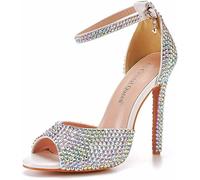 Talons Hauts à Bouche De Poisson De 11 Cm, Sandales à Talons Hauts à Bout Ouvert à La Bouche Peu Profonde pour Femmes, Chaussures De Mariage De Mariée en Strass ES, Colorful Diamonds, 5 UK