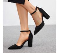 Talons hauts classiques noirs avec bride cheville pour femmes, à bout pointu et talon épais, pour occasions habillées. Basiques élégants, professionnel chic, idéals pour Noël, Nouvel An, Saint-Valenti