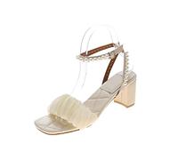 Talons Hauts Sandales perlées à Talons Hauts, Talons épais, Beaux élégants, adaptés aux fêtes, aux mariées aux Mariages (Beige, 1,5 UK)