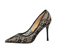 Talons Hauts Sexy en Dentelle et Maille pour Femmes, Escarpins de 4 Pouces, Sandales à Talons Aiguilles à Bout fermé et Pointu, Chaussures de Robe de mariée à Enfiler,Noir,39 EU