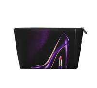 (Talons hauts violets élégants avec rouge à lèvres) Trousse de toilette de voyage en cuir avec fermeture éclair, trousses à cosmétiques pour femmes, petite trousse de maquillage pour sac à main, trous