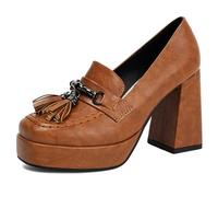 Talons Plateforme Épais Confortables Bout Carré Tassel Slip on Chaussures Talon Bloc Escarpins pour Longue Station Debout Et Marche Quotidienne,Jaune,39 EU