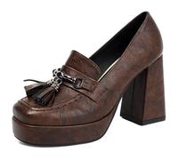 Talons Plateforme Épais Confortables Bout Carré Tassel Slip on Chaussures Talon Bloc Escarpins pour Longue Station Debout Et Marche Quotidienne,Marron,42 EU