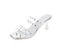 Talons Sandales de doré pour Femmes, Talons Hauts carrés Pointus avec Fragments de Diamant d'imitation Transparents