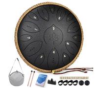 Tambour à langue en acier 33 cm 15 notes, tambour à main pour adultes 432 Hz, instrument de musique Handpan en do majeur avec livre de chansons, maillets et sac de transport, noir