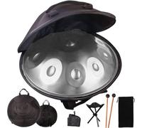 Tambour à Main 56 cm 9 Notes 10 Notes Tambour Handpan Tonalité Ré Mineur 432 Hz for Sound Healing, Meditation With Soft Bag, 2 Hammers, Stand(Silver,432HZ/9Note)