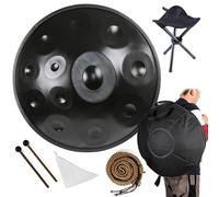 Tambour en Acier Handpan pour Méditation Sonore - Tambour à Main Instrument Ré Mineur 9/10/12 Notes avec Sac de Transport, Support et Mailloches(Black,432HZ/12Note)