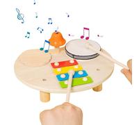 Tambour en bois 4 en 1 - Instrument de percussion multifonctionnel - Table à frapper - Xylophone - Grattoir avec 2 tiges de rythme - Cadeau de Noël ou d'anniversaire