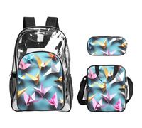 Tamiger Origami Sac à dos 3 pièces imprimé grues en papier transparent pour voyage, aventures en plein air, vacances