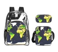 Tamiger Sac à dos transparent 3 pièces imprimé carte du monde pour voyage, aventures, vacances