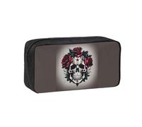 Tamiger Trousse à crayons spacieuse unisexe avec imprimé tête de mort et rose rouge, grande capacité, pochette de rangement pour le transport quotidien