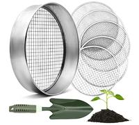Tamis de jardin rond 30 cm avec 5 tamis interchangeables - tamis à compost en acier inoxydable pour la terre, le compost, les graines - pelle de jardin incluse