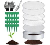Tamis de jardin rond 5 en 1 en acier inoxydable de 30 cm, avec 5 tamis interchangeables de 3,6, 9, 10,12 mm, tamis à compost rond en métal, avec pelle de jardin et 20 étiquettes pour plantes, 1 paire