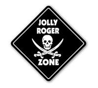 TammieLove Panneau en métal Jolly Roger Zone Xing Cadeau Pirate Drapeau Bateau Cannon Ball Barbe Noir Panneau d'avertissement carré 30,5 x 30,5 cm