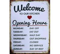 TammieLove Plaque en métal « Welcome to Our Kitchen Opening Hours R for Cafe Pub Bar G » 20,3 x 30,5 cm
