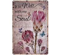 TammieLove TinSignTammieLoveA1500 Décoration de jardinage pour femme avec inscription « It Is Well With My Soul Protea » Motif papillon rétro vintage en métal Affiche en métal Décoration murale 20,3 x