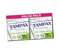 Tampax Cotton Protect Super Organic Lot de 32 tampons (2 paquets de 16) - Noyau en coton bio avec applicateur MotionFit et tresse anti-fuite pour un débit moyen à fort