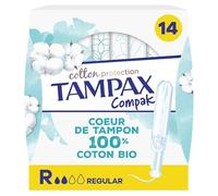 Tampax Cotton Protection Compak Régulier Avec Applicateur x14, Tampons Tampax Avec Cœur En Coton Biologique Et En Format Compact